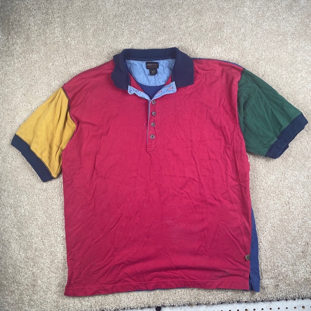 Vintage Structure Colorblock Polo Shirt Mens Large 90s Retro Primary Colors